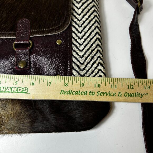 Myra Mixed Media Wine Leather Chevron Fabric Haircalf Shoulder Crossbody Bag - Picture 11 of 13